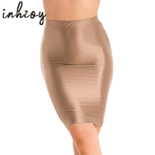 Glossy Bodycon Pencil Skirt Womens Solid High Waist Oil Shiny Pole Dancing Clubwear Fashion Rave Party Miniskirt for Performance