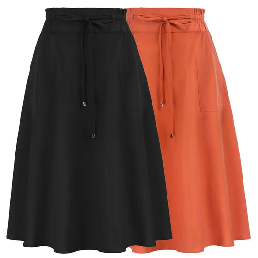 KK Womens Casual Cotton Linen Midi Skirts Smocked Tie Waist Pleated Aline Skirt With Pockets High Waist Flared A-line Skirt A30