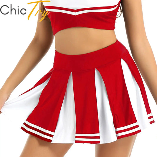 Womens Cheerleader Dance Skirt Contrast Color Sports Game Cheer Up Sexy Costume Striped Hem Miniskirt Mid Waist Pleated Skirt